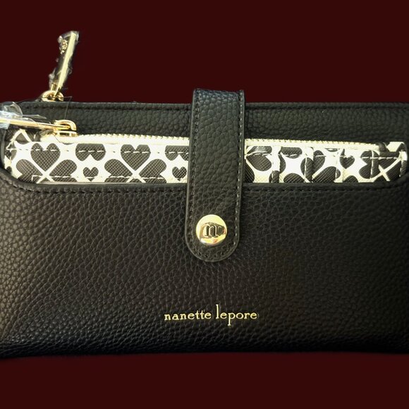 Nanette Lepore 2/1 Black Leather Snap Wallet with Card Holder Gold Hdware NWT - Picture 1 of 12